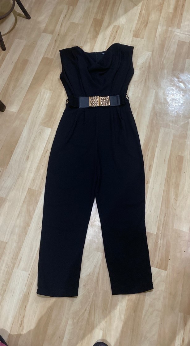 Siyah Kadın Midi Tulum, Kemerli, Strappy Kol - Görsel 2