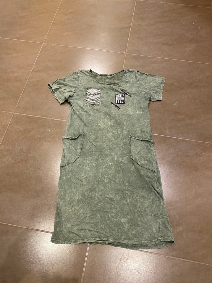 Yeşil Batik Desenli Kısa Kollu Midi Elbise - Görsel 2