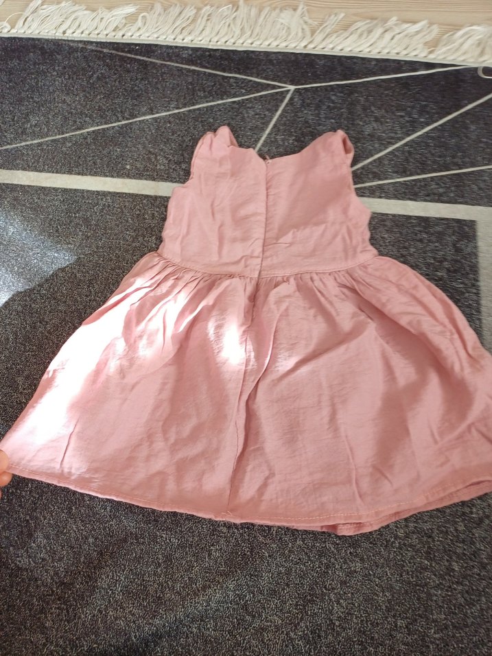 Pembe Keten Kolsuz Kız Çocuk Elbisesi - Görsel 3