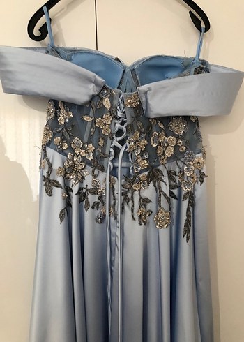 Drapeli Straplez Nakışlı Uzun Mavi Abiye Elbise - Görsel 7