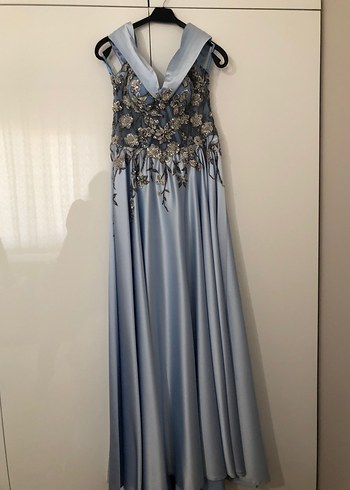 Drapeli Straplez Nakışlı Uzun Mavi Abiye Elbise - Görsel 5