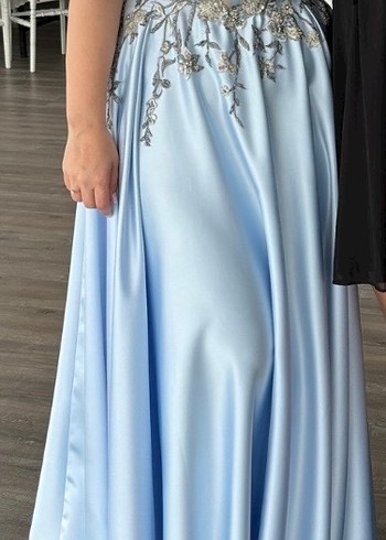 Drapeli Straplez Nakışlı Uzun Mavi Abiye Elbise - Görsel 2