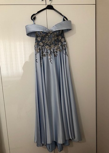 Drapeli Straplez Nakışlı Uzun Mavi Abiye Elbise - Görsel 6