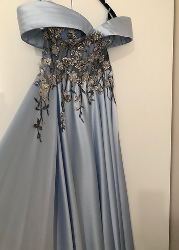 Drapeli Straplez Nakışlı Uzun Mavi Abiye Elbise - Görsel 4