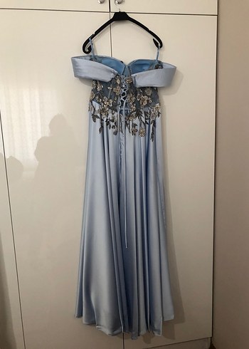 Drapeli Straplez Nakışlı Uzun Mavi Abiye Elbise - Görsel 8