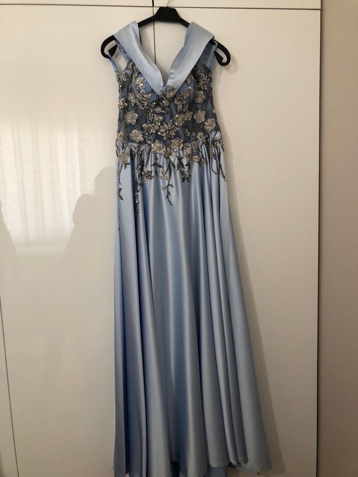 Drapeli Straplez Nakışlı Uzun Mavi Abiye Elbise - Görsel 5