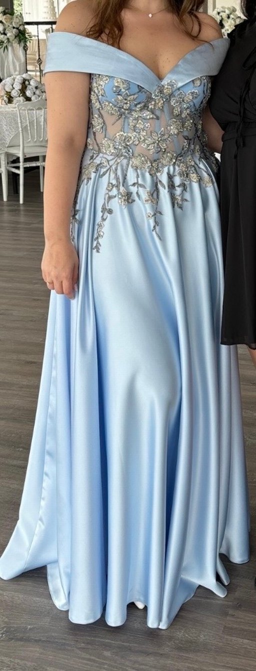 Drapeli Straplez Nakışlı Uzun Mavi Abiye Elbise - Görsel 2