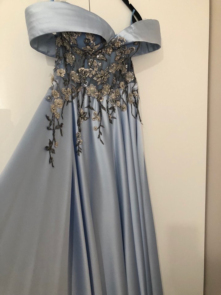 Drapeli Straplez Nakışlı Uzun Mavi Abiye Elbise - Görsel 4