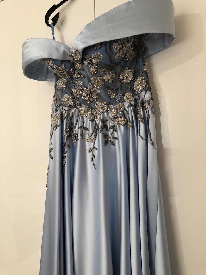 Drapeli Straplez Nakışlı Uzun Mavi Abiye Elbise - Görsel 3