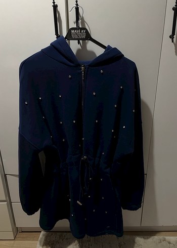 Koyu Mavi Kapşonlu Fermuarlı Hırka - Görsel 5