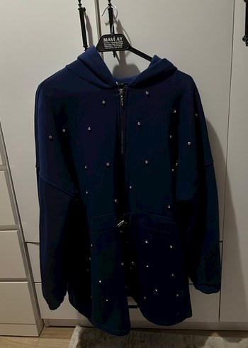 Koyu Mavi Kapşonlu Fermuarlı Hırka - Görsel 2