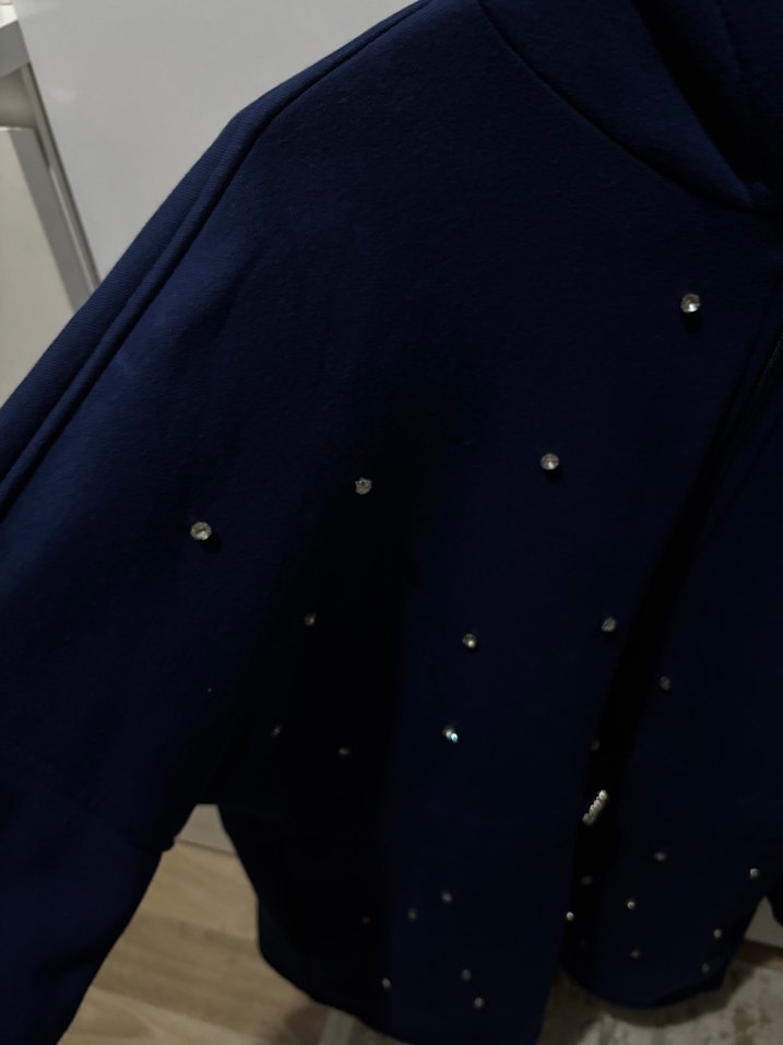 Koyu Mavi Kapşonlu Fermuarlı Hırka - Görsel 4