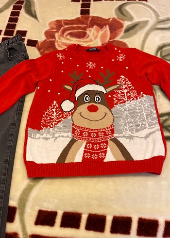 Erkek Çocuk Gri Kot Pantolon ve Kırmızı Desenli Kazak - Görsel 3