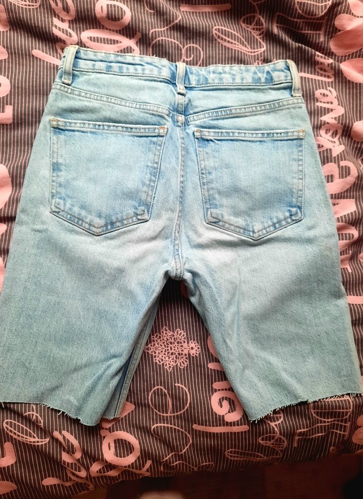 Gri Mavi Bağlama Desenli Kot Şort - Görsel 2