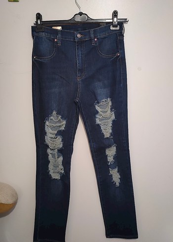Kadın Lacivert Yırtık Denim Pantolon - Görsel 2