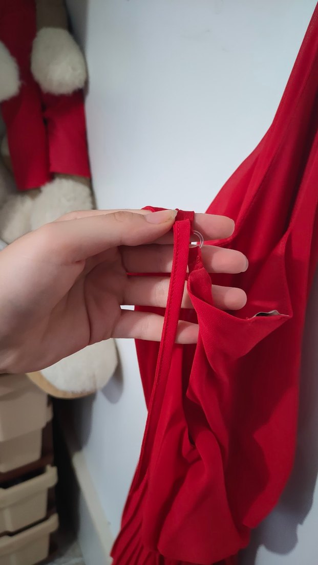 Kırmızı Midi V Yakalı Düğmeli Elbise - Görsel 4