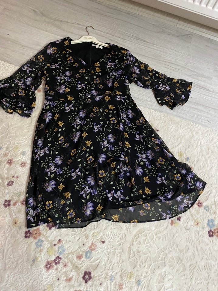 Uzun Kollu Mor Çiçekli Bohem Elbise - Görsel 2