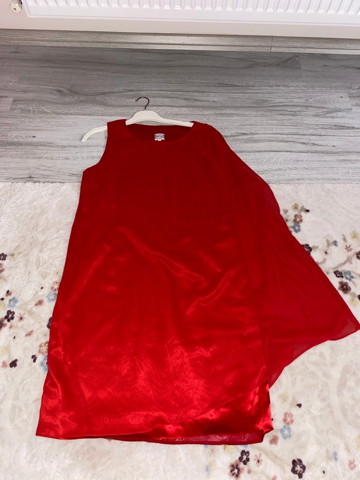 Parlak Kırmızı Uzun Drapeli Kadın Abiye Elbise 44 beden - Görsel 4