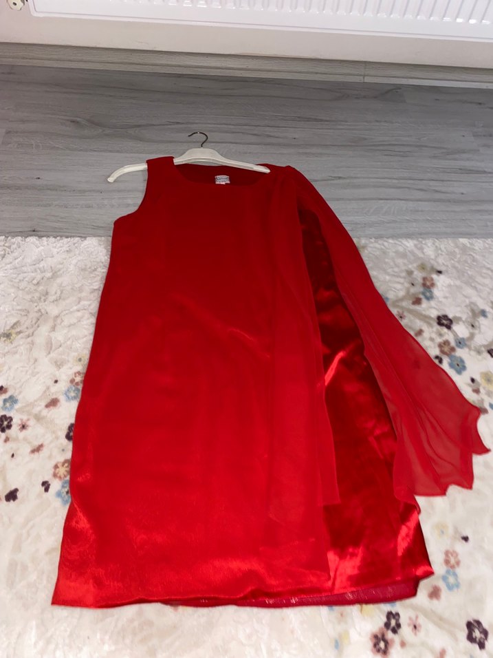 Parlak Kırmızı Uzun Drapeli Kadın Abiye Elbise 44 beden - Görsel 2