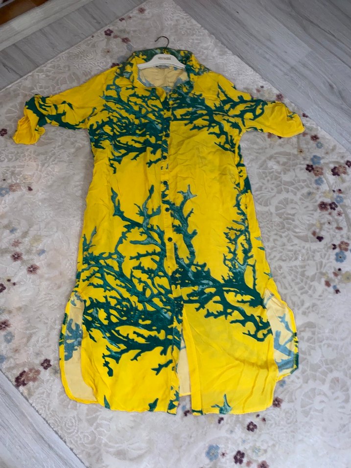 Uzun Sarı Bağlama Desenli Bohem Kadın Elbisesi M beden - Görsel 3