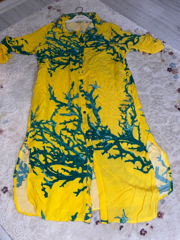 Uzun Sarı Bağlama Desenli Bohem Kadın Elbisesi M beden - Görsel 2