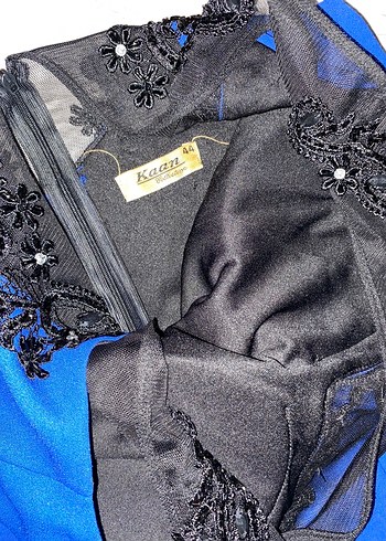 Mavi Uzun V Yaka Gece Elbisesi - Görsel 4