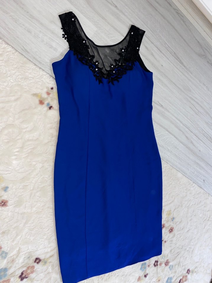 Mavi Uzun V Yaka Gece Elbisesi - Görsel 2