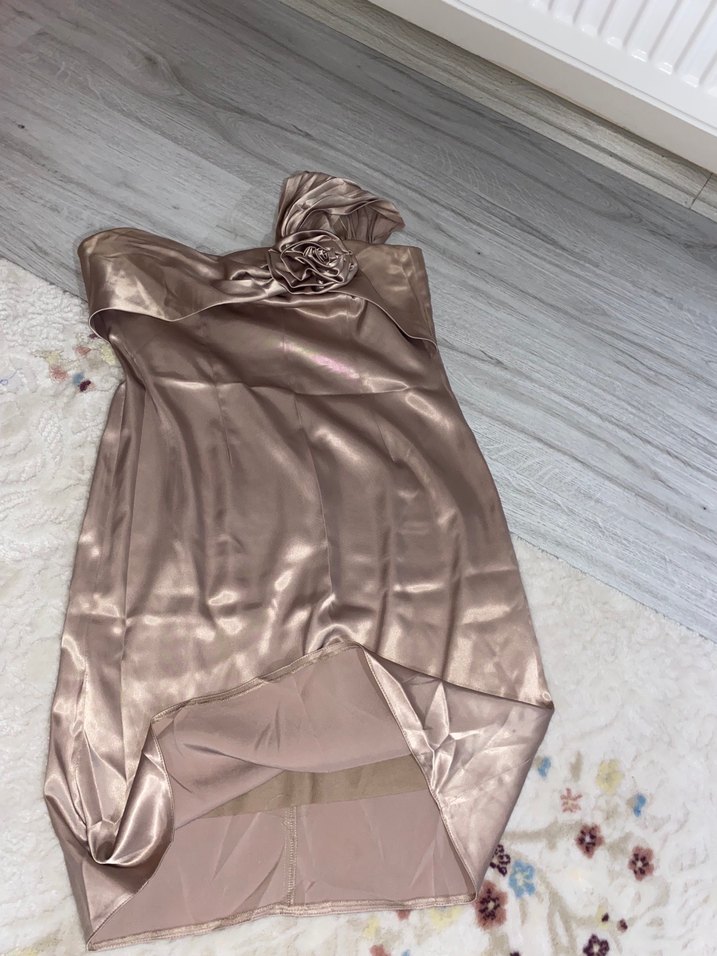 Bej Drapeli Straplez Abiye Elbise - Görsel 4