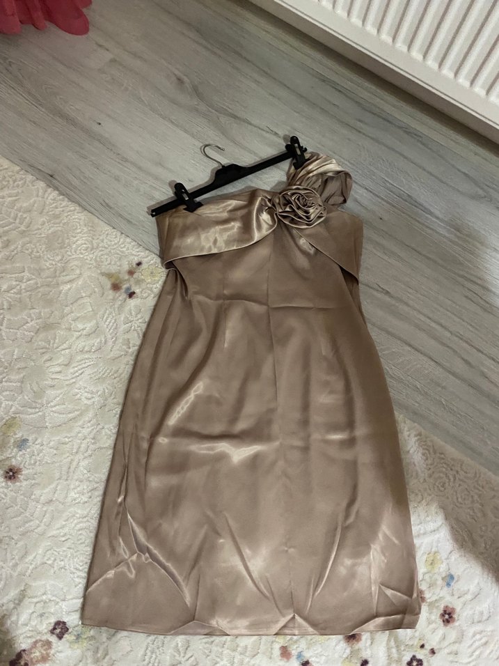 Bej Drapeli Straplez Abiye Elbise - Görsel 3