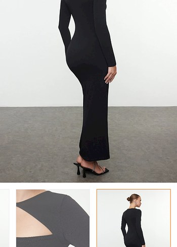 Siyah Uzun Kadın Elbise, Kayık Yaka, Minimalist - Görsel 3