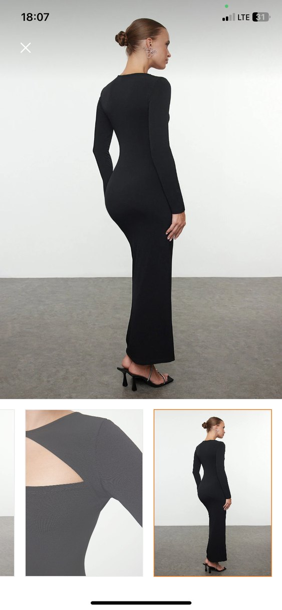 Siyah Uzun Kadın Elbise, Kayık Yaka, Minimalist - Görsel 3