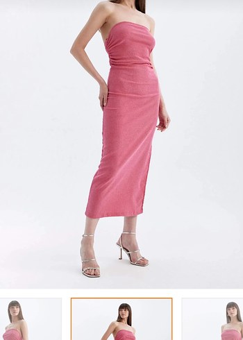 Pembe Drapeli Straplez Uzun Elbise - Görsel 2