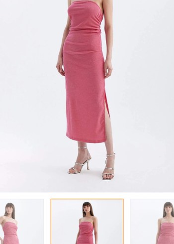 Pembe Drapeli Straplez Uzun Elbise - Görsel 3