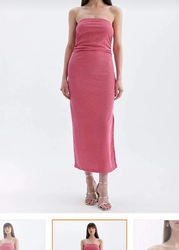 Pembe Drapeli Straplez Uzun Elbise - Görsel 4