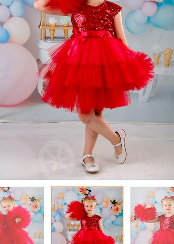 Kırmızı Straplez Fırfırlı Kız Çocuk Elbise - Görsel 5