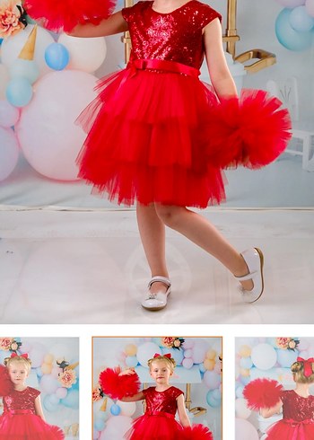 Kırmızı Straplez Fırfırlı Kız Çocuk Elbise - Görsel 4