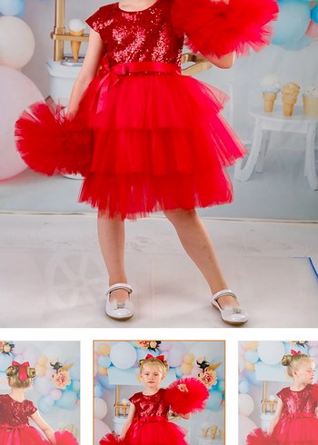 Kırmızı Straplez Fırfırlı Kız Çocuk Elbise - Görsel 2