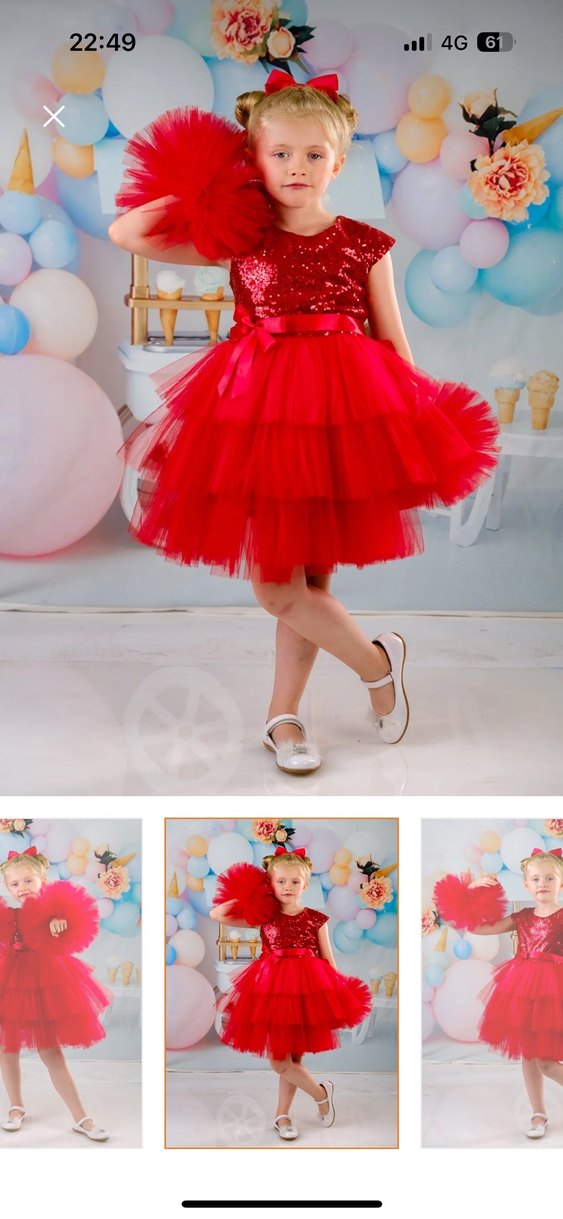 Kırmızı Straplez Fırfırlı Kız Çocuk Elbise - Görsel 5