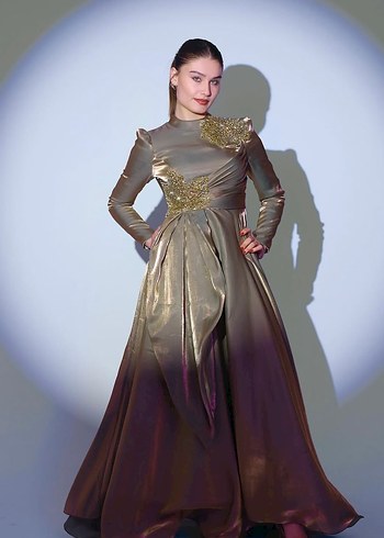 Taşlı Drapeli Uzun Kollu Kadın Abiye Elbise - Görsel 4