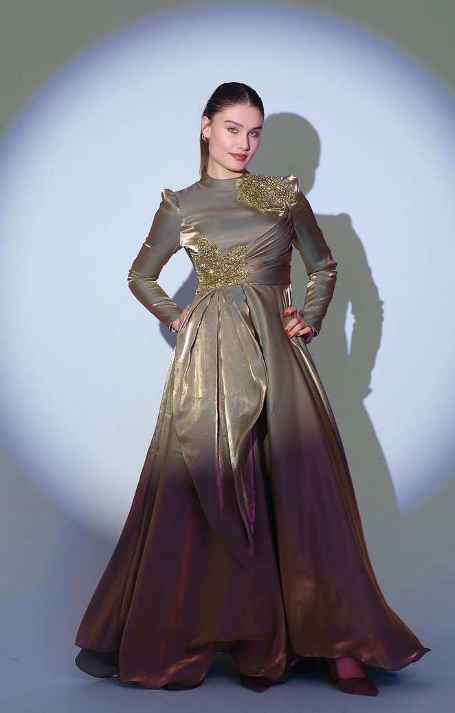 Taşlı Drapeli Uzun Kollu Kadın Abiye Elbise - Görsel 4