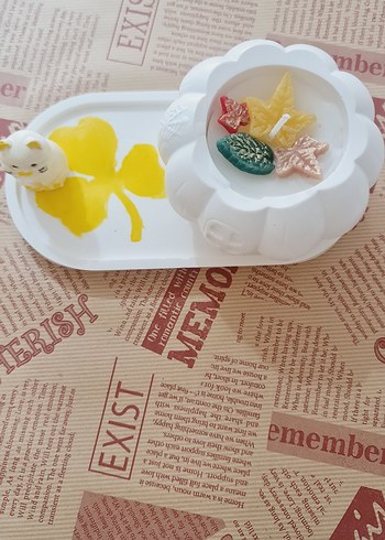 Beyaz Kabak Şeklinde Mum,Vernikli alçı tabak ve  Kedi Figürü - Görsel 6