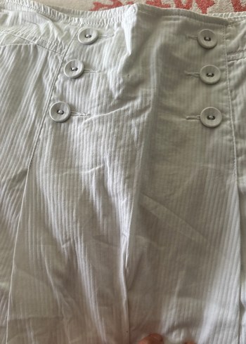 Düğmeli Beyaz Midi Keten Etek - Görsel 2