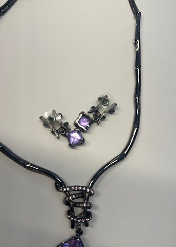 Mor Taşlı Zincir Detaylı Gotik Takı Seti - Görsel 7