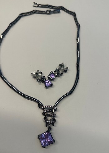 Mor Taşlı Zincir Detaylı Gotik Takı Seti - Görsel 6