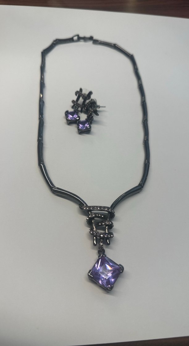 Mor Taşlı Zincir Detaylı Gotik Takı Seti - Görsel 2