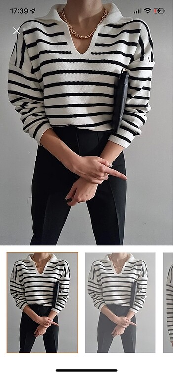 Polo yaka siyah beyaz zebra çizgili uzun kollu triko kazak