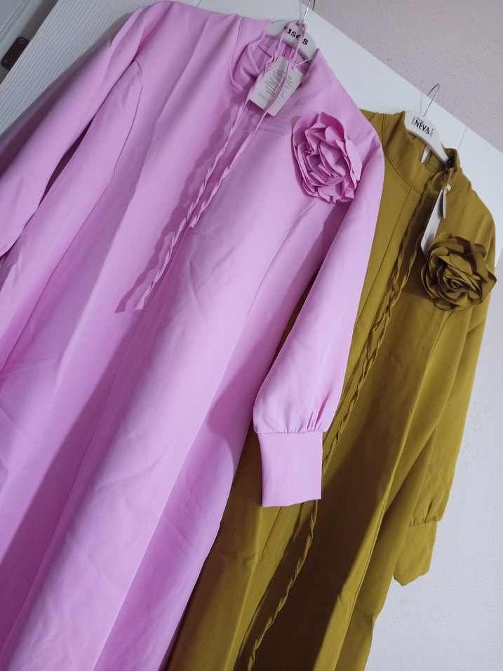 Pembe Uzun Kollu Drapeli Uzun Elbise - Görsel 2