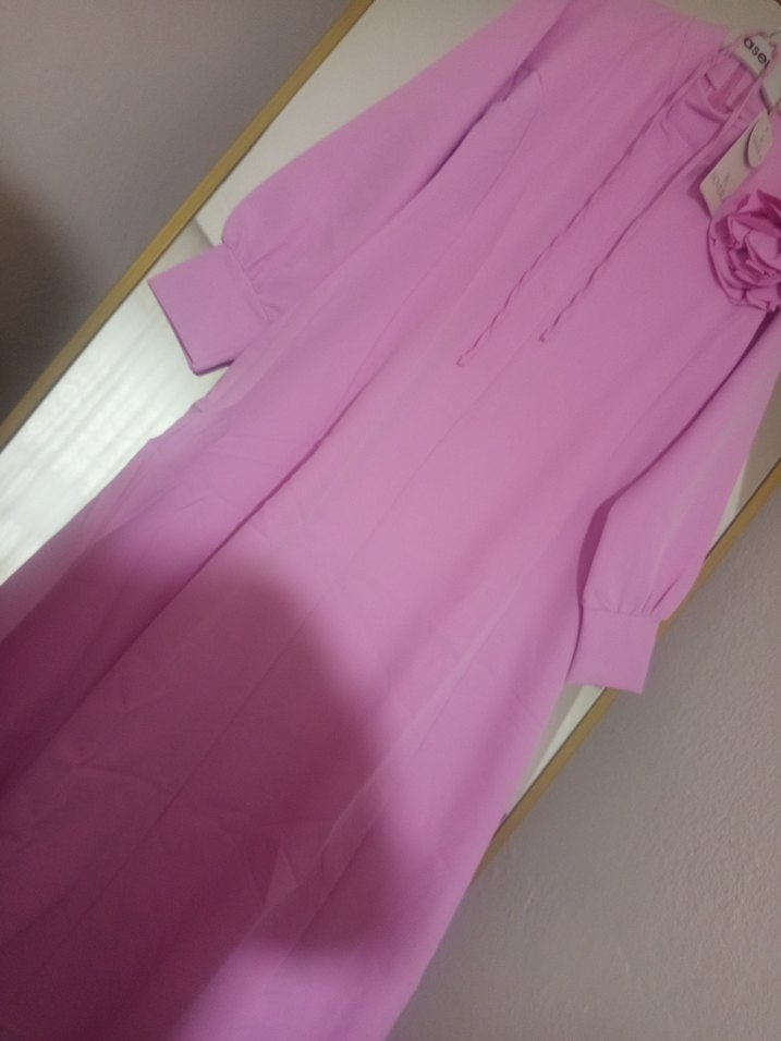 Pembe Uzun Kollu Drapeli Uzun Elbise - Görsel 3