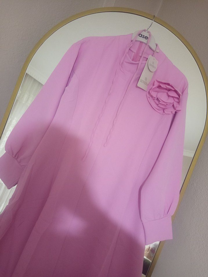 Pembe Uzun Kollu Drapeli Uzun Elbise - Görsel 4