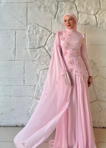 Pembe Uzun Kollu Çiçekli Abiye Elbise - Görsel 2